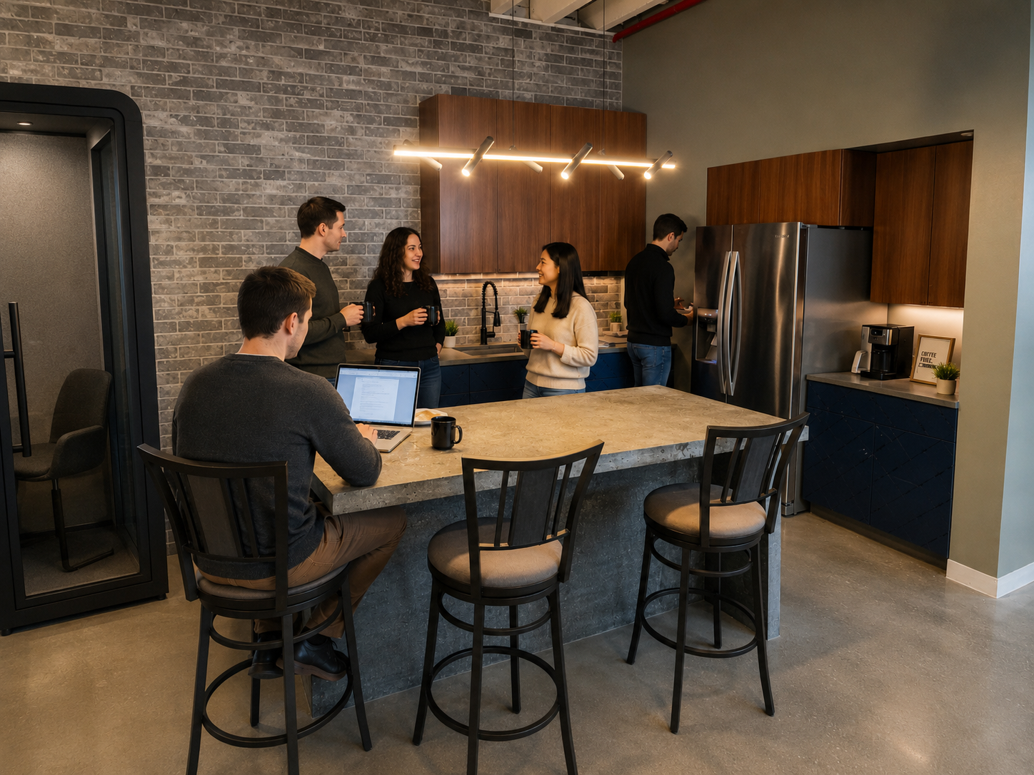 Casa38 members talking over coffee in the shared kitchen