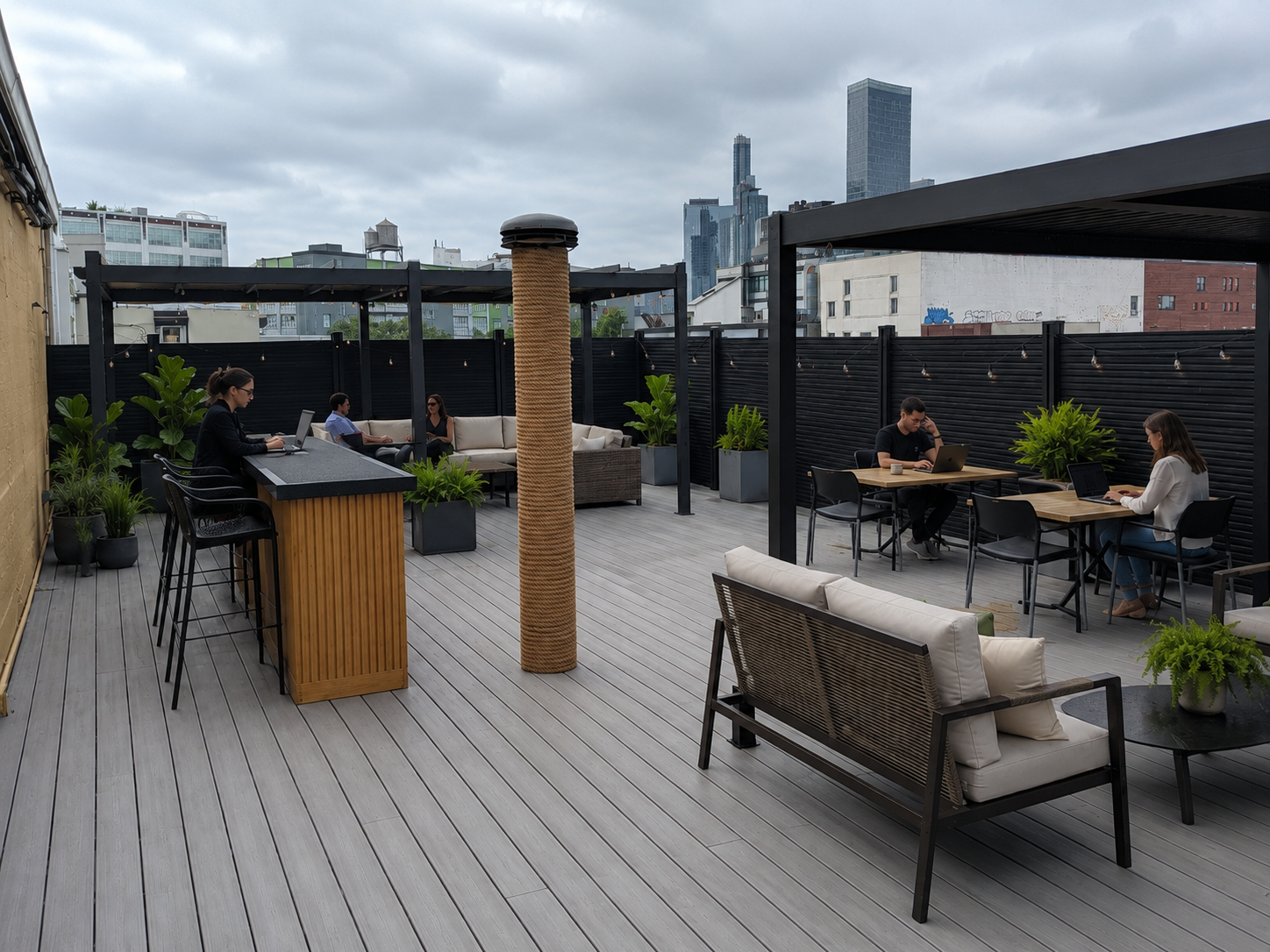 Casa38 rooftop workspace with lounge seating and outdoor desks